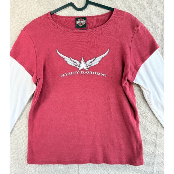 Womens Sz Large Harley Davidson Red Long Sleeve Blouse Top Shirt San Diego - Picture 3 of 7